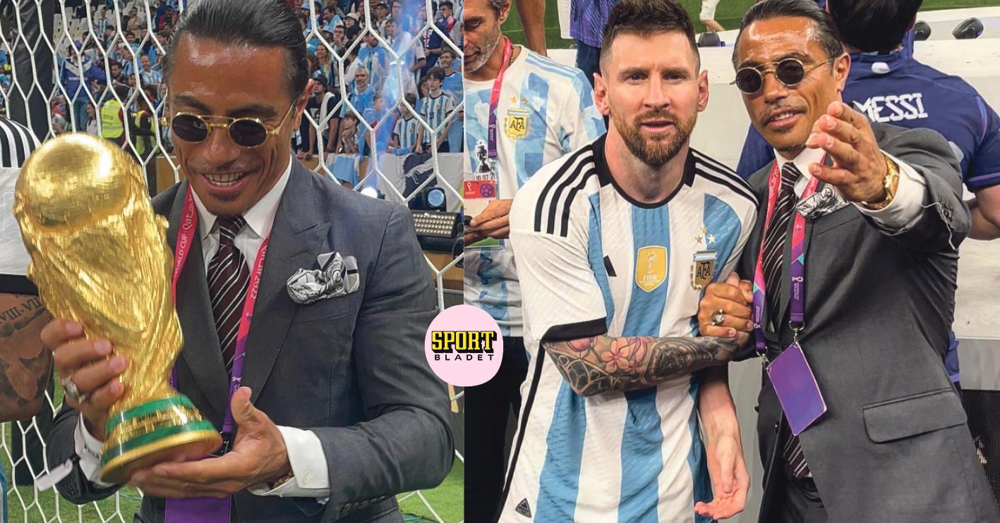 Kändiskocken ”Salt Bae” poserade med VM-pokalen och Lionel Messi efter VM-finalen.
