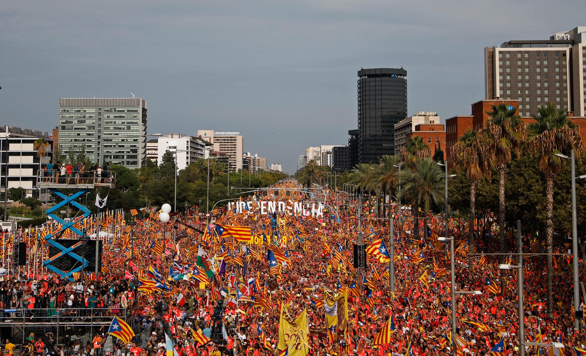 En demonstration i Barcelona för katalansk självständighet den 11 september 2018. Arkivbild.