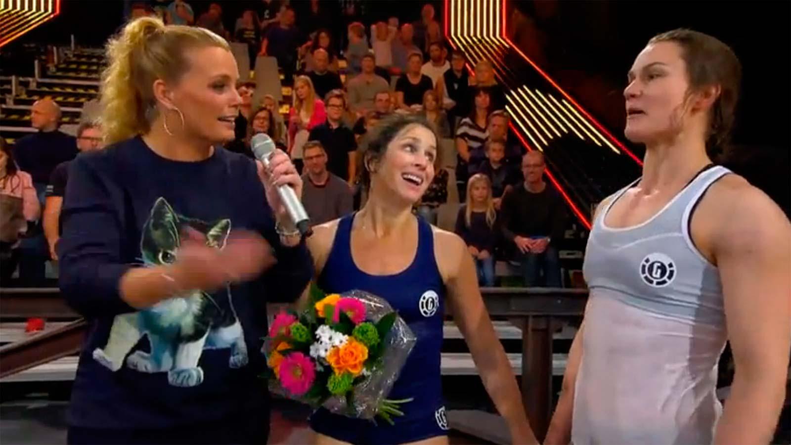 Sara Somerfeld med Heidi Andersson och programledaren Gry Forssell i ”Gladiatorerna”