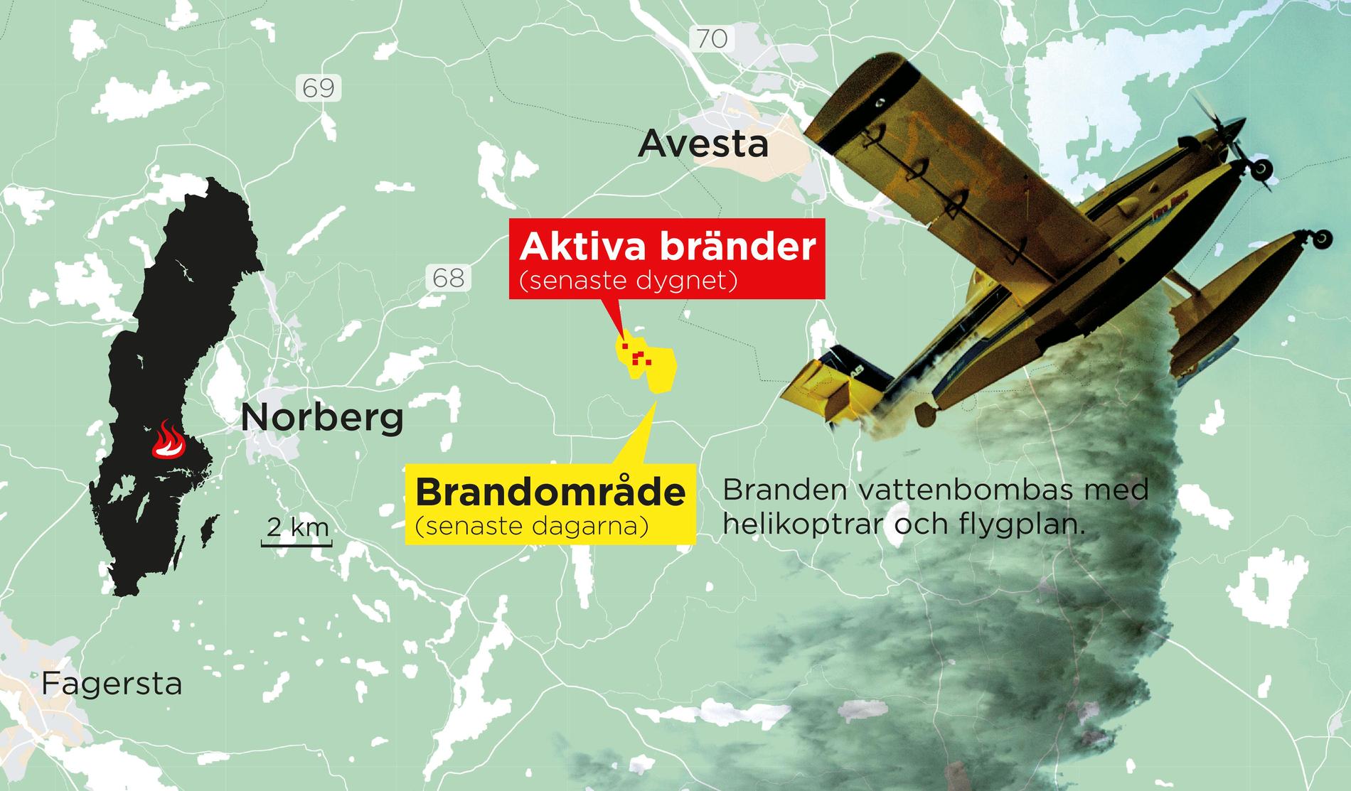 Skogsbranden vid Olsbenning mellan Avesta och Norberg i Västmanland är inte under kontroll.