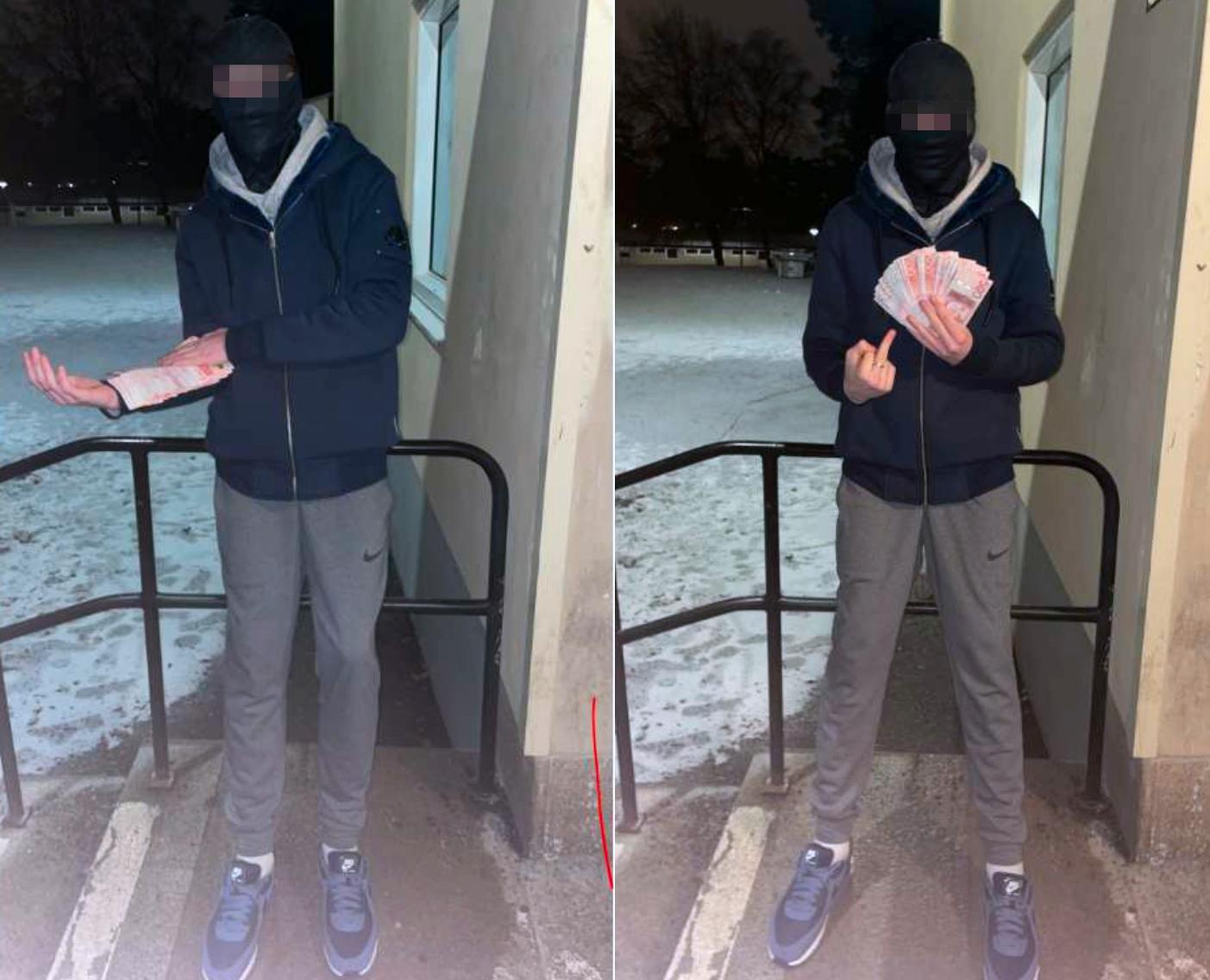 16-åringen poserar med sedlar på mobilbilder. Polisen misstänker att han fått pengarna i ersättning för mordet. 