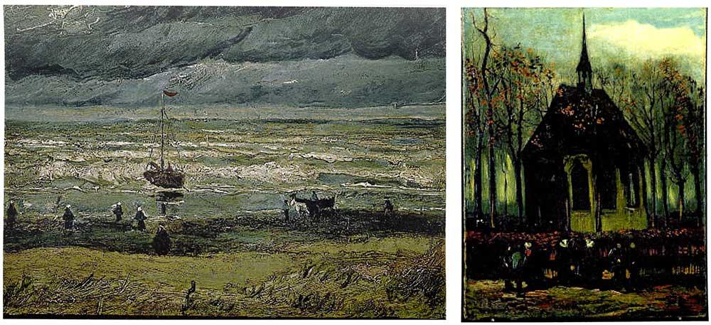 Vincent van Goghs "View of the Sea at Scheveningen", till vänster, och "Congregation leaving the Reformed Church in Nuenen" till höger stals från Vincent van Gogh Museum i Amsterdam 2002.