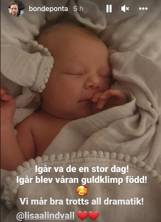 Pontus Mikaelssons instastory efter förlossningen.
