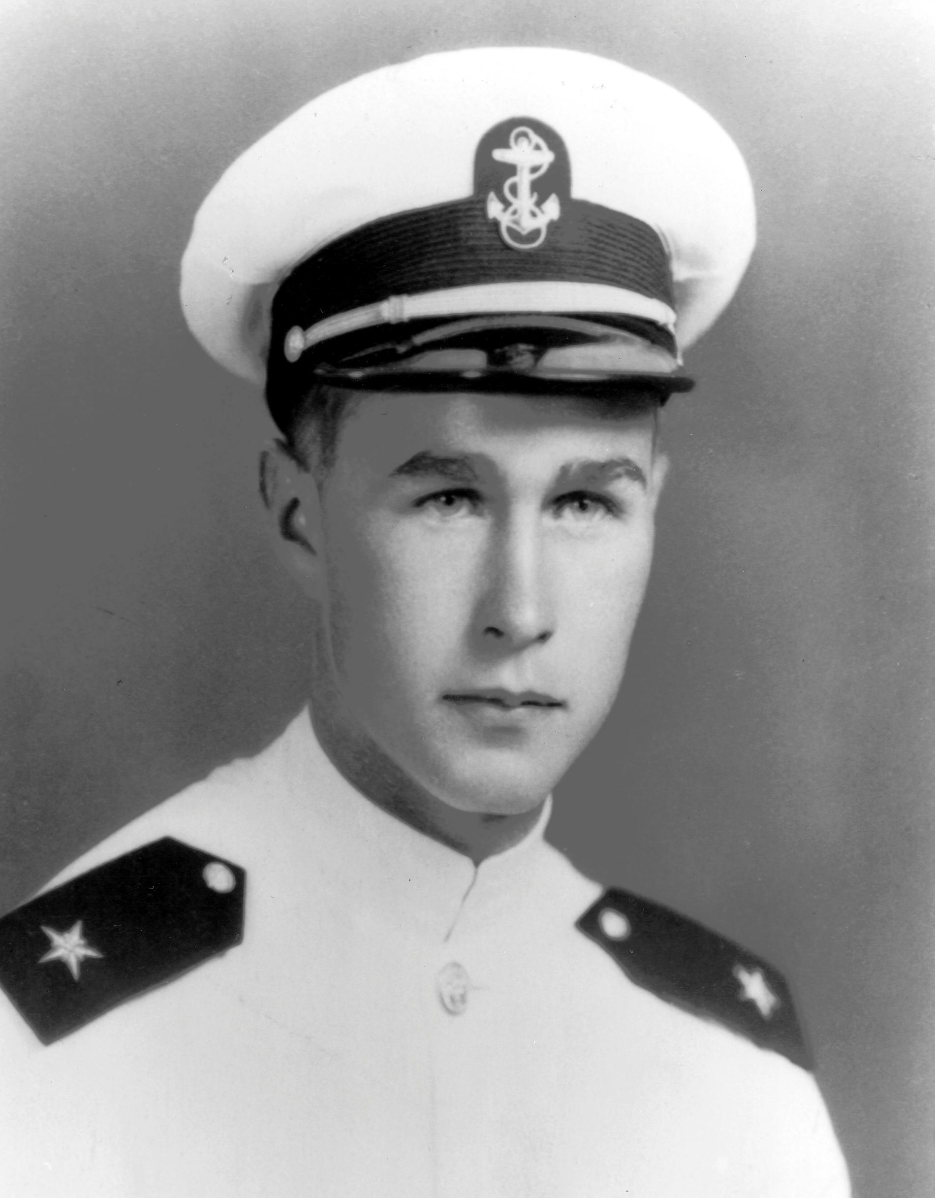 George H. W. Bush, in uniform as a Naval Aviator Cadet, is pictured in this early 1943 