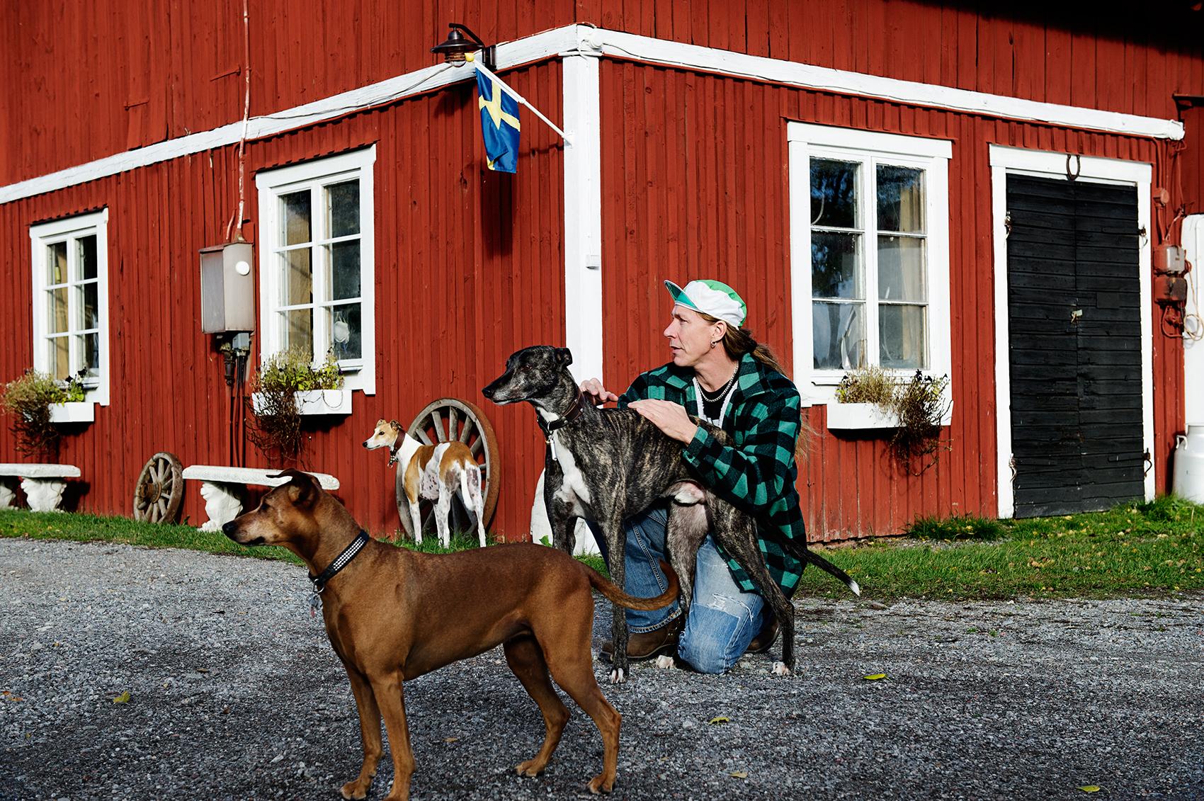 Martin "E-type" Eriksson med sina hundar, Vanda, Smirre och Eira.