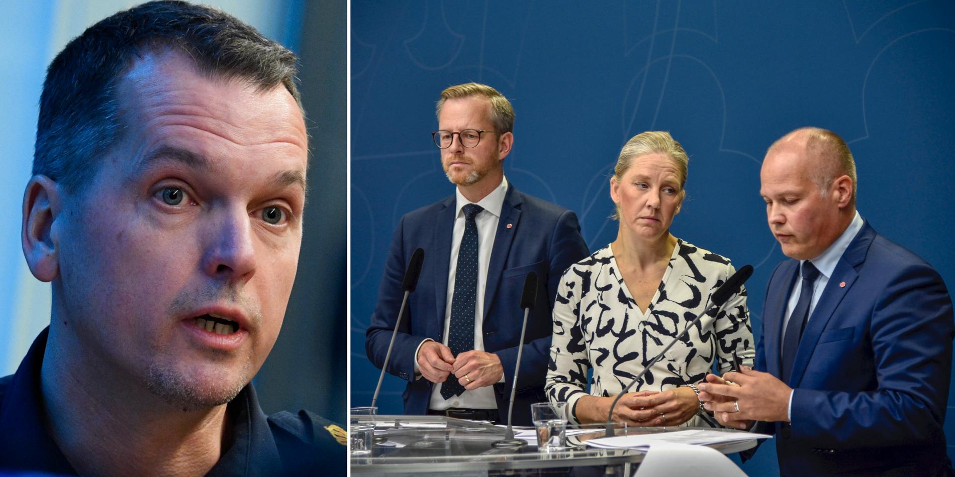 Mats Karlsson/inrikesminister Mikael Damberg (S), miljöminister Karolina Skog (MP) och justitieminister Morgan Johansson (S).