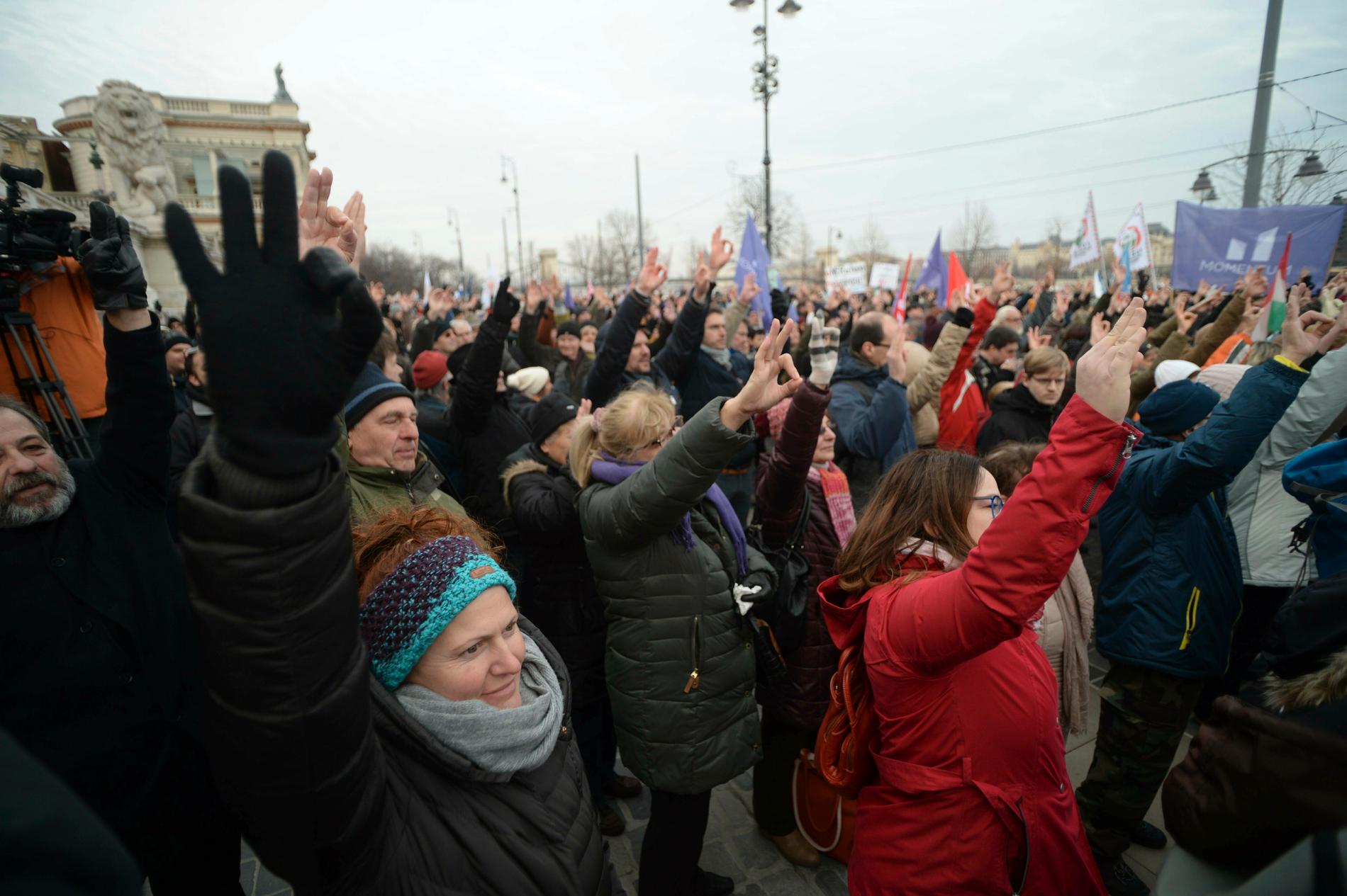Människor som protesterar mot det som kritiker kallar slavlagen, Budapest 19 januari. Arkivbild.
