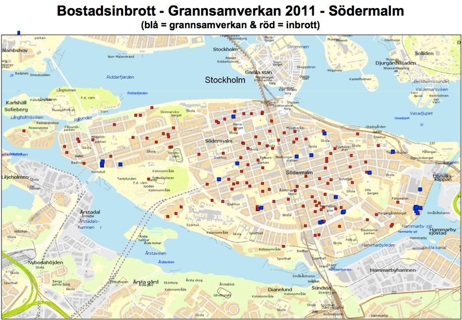 Södermalm. Västra Södermalm i området Maria är hårt drabbat av inbrott. Polisen kontrollerar livsstilkriminella vid tider då flest inbrott sker. Hus som har fungerande grannsamverkan har mer sällan bostadsinbrott, visar forskning. På Södermalm finns omkring 30 grannsamverkansgrupper.