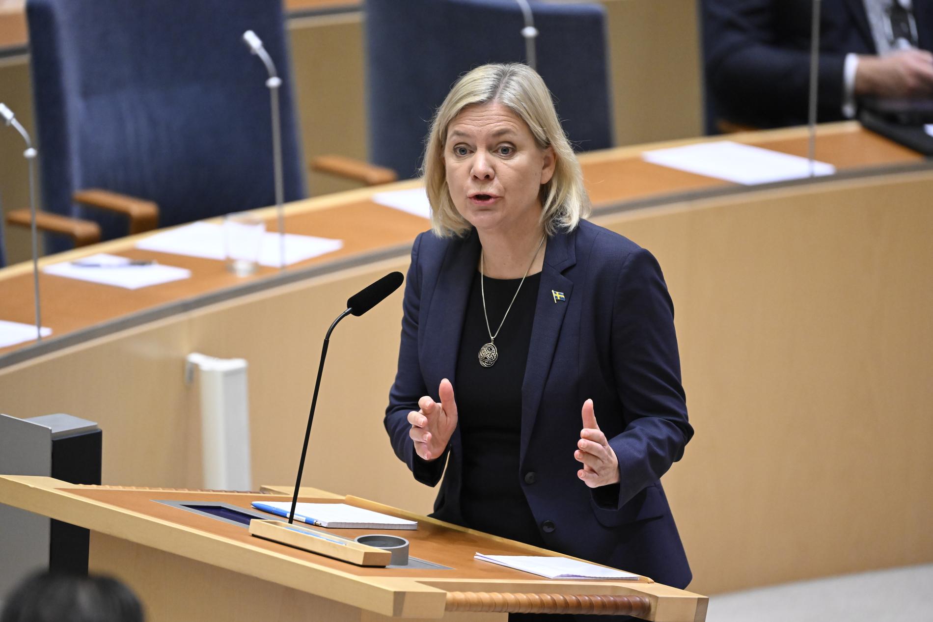 Magdalena Andersson (S) under onsdagens partiledardebatt i riksdagen.