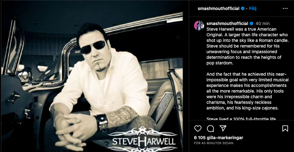 Bandet ”Smash mouth” uttrycker sin sorg på Instagram. 