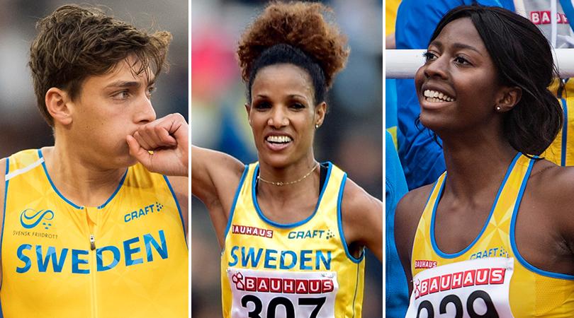 Svenska medaljhoppen Armand Duplantis, Meraf Bahta och Khaddi Sagnia.