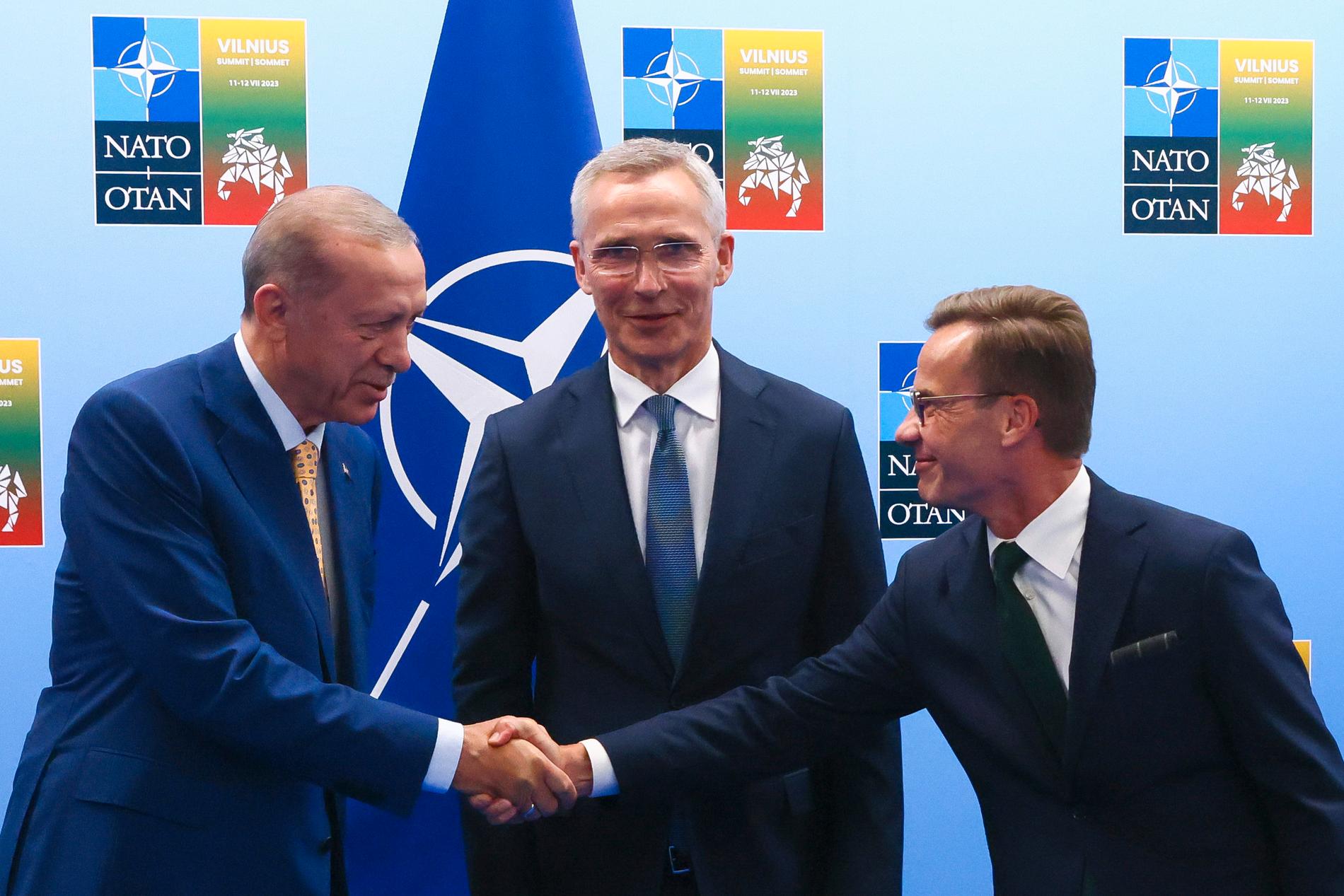 Erdogan, Stoltenberg och Kristersson under Natomötet i juli. 