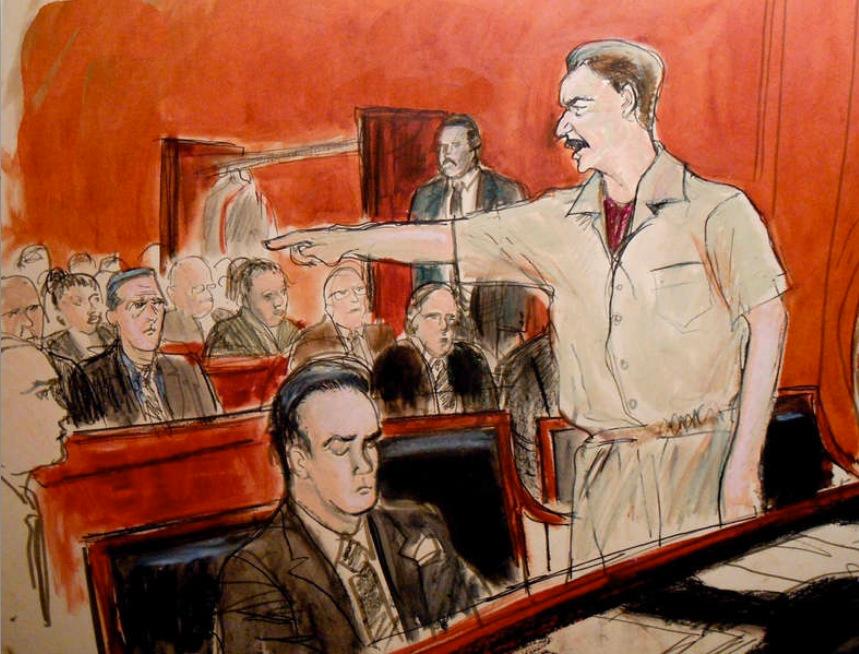 Utbrott i rätten En skiss från rättegången illustrerar hur Viktor But fick ett utbrott och hävdade att allt var lögn.