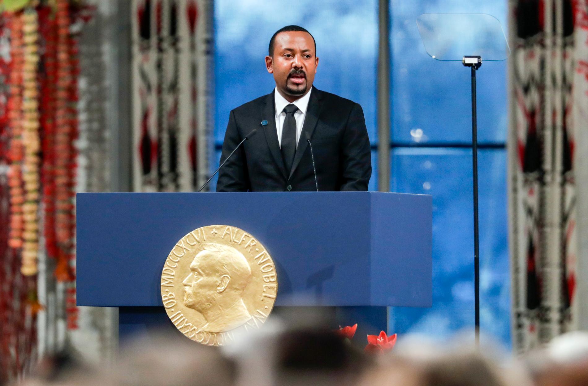 Etiopiens premiärminister Abiy Ahmed tar emot Nobels fredspris i Oslo, december 2019.
