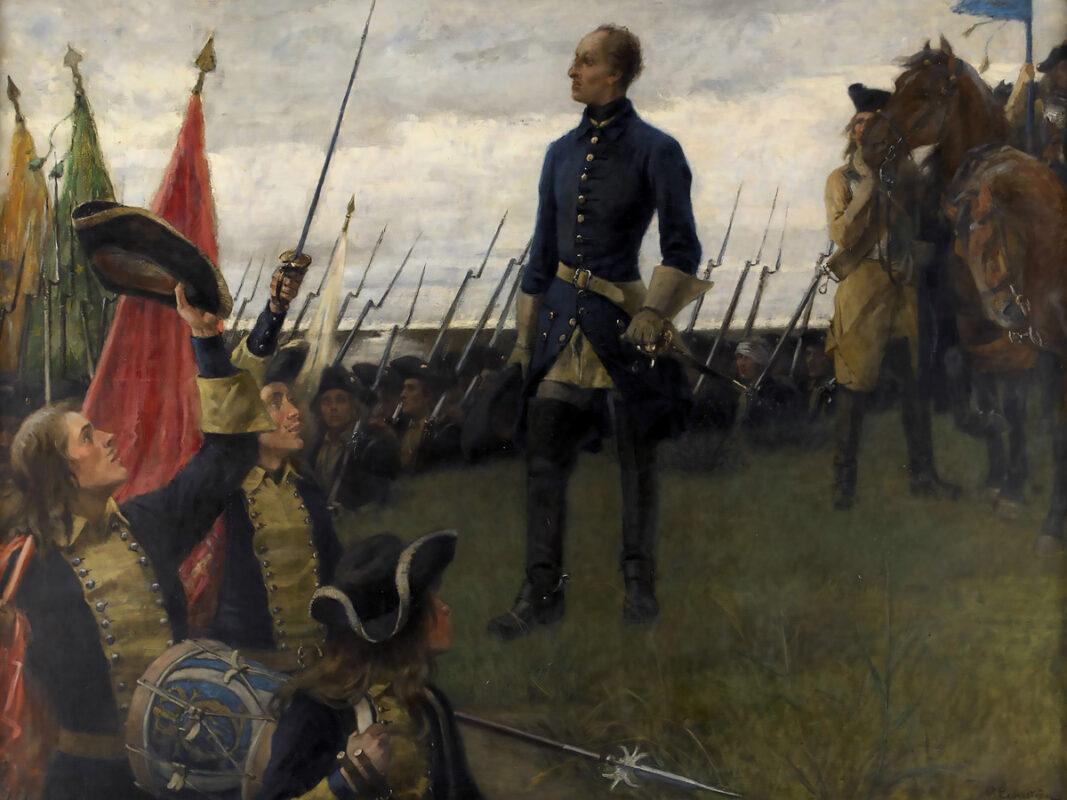 Karl XII hyllas av sina karoliner, målning av Gustaf Cederström