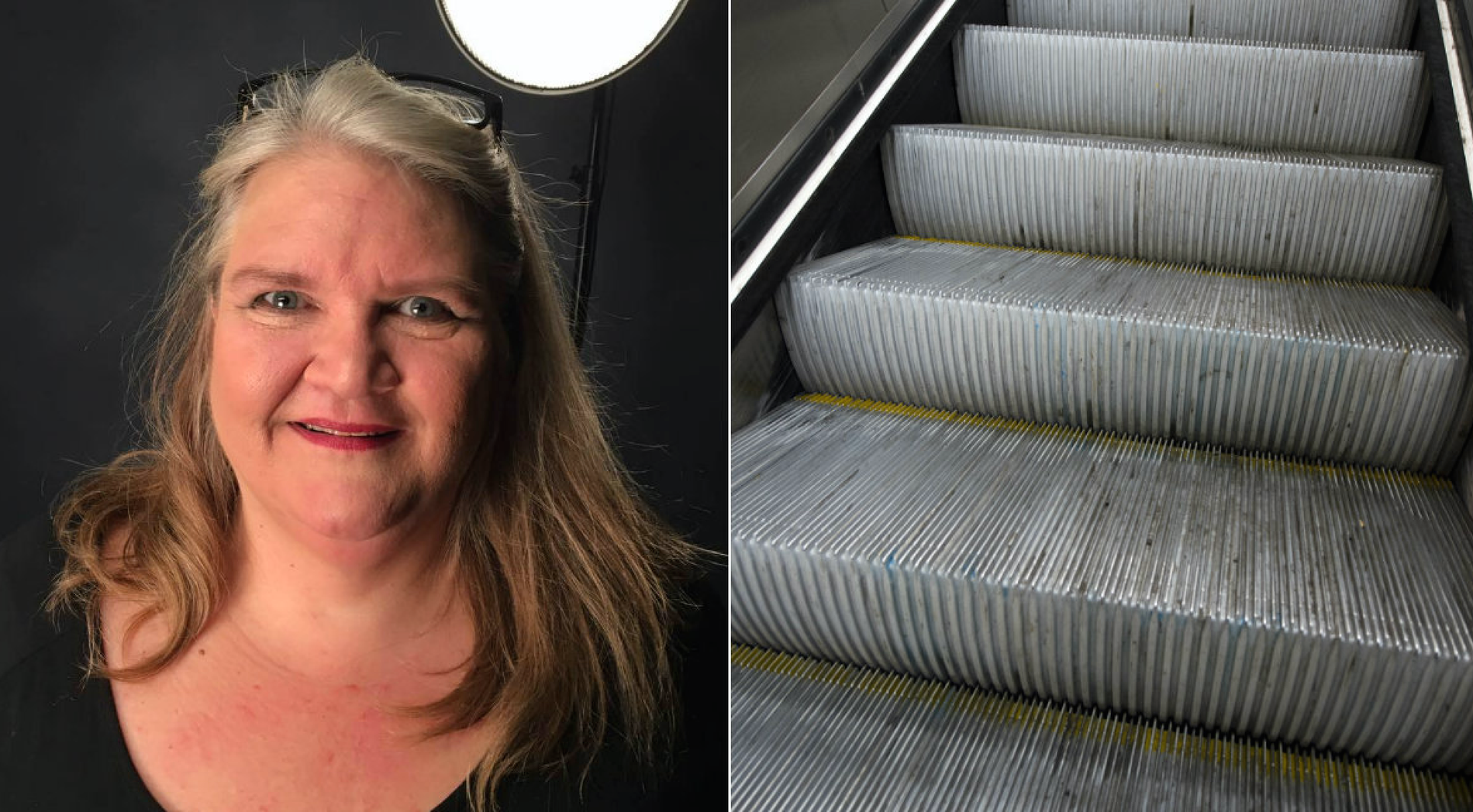 Susanne träffades av en resväska och flög ned för rulltrappan.