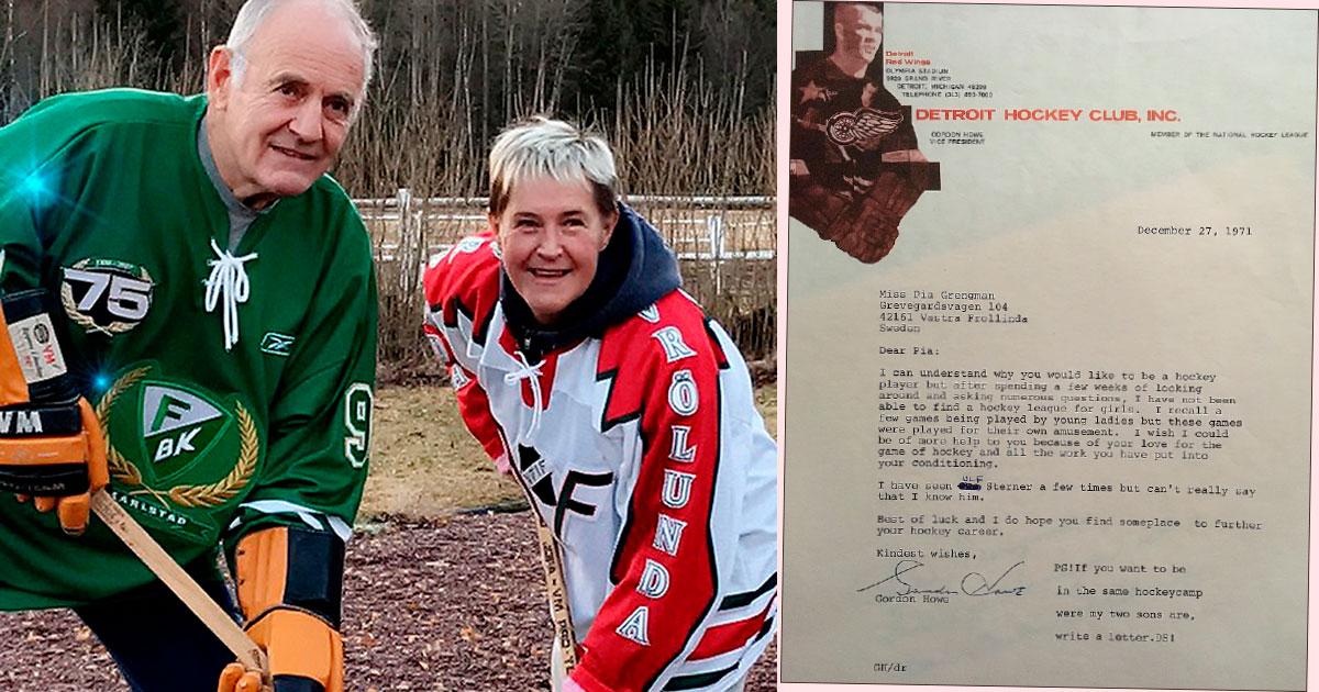 Kärleken till sporten är intakt för Pia och hennes make Ulf – två banbrytare. Till höger brevet från Gordie Howe.