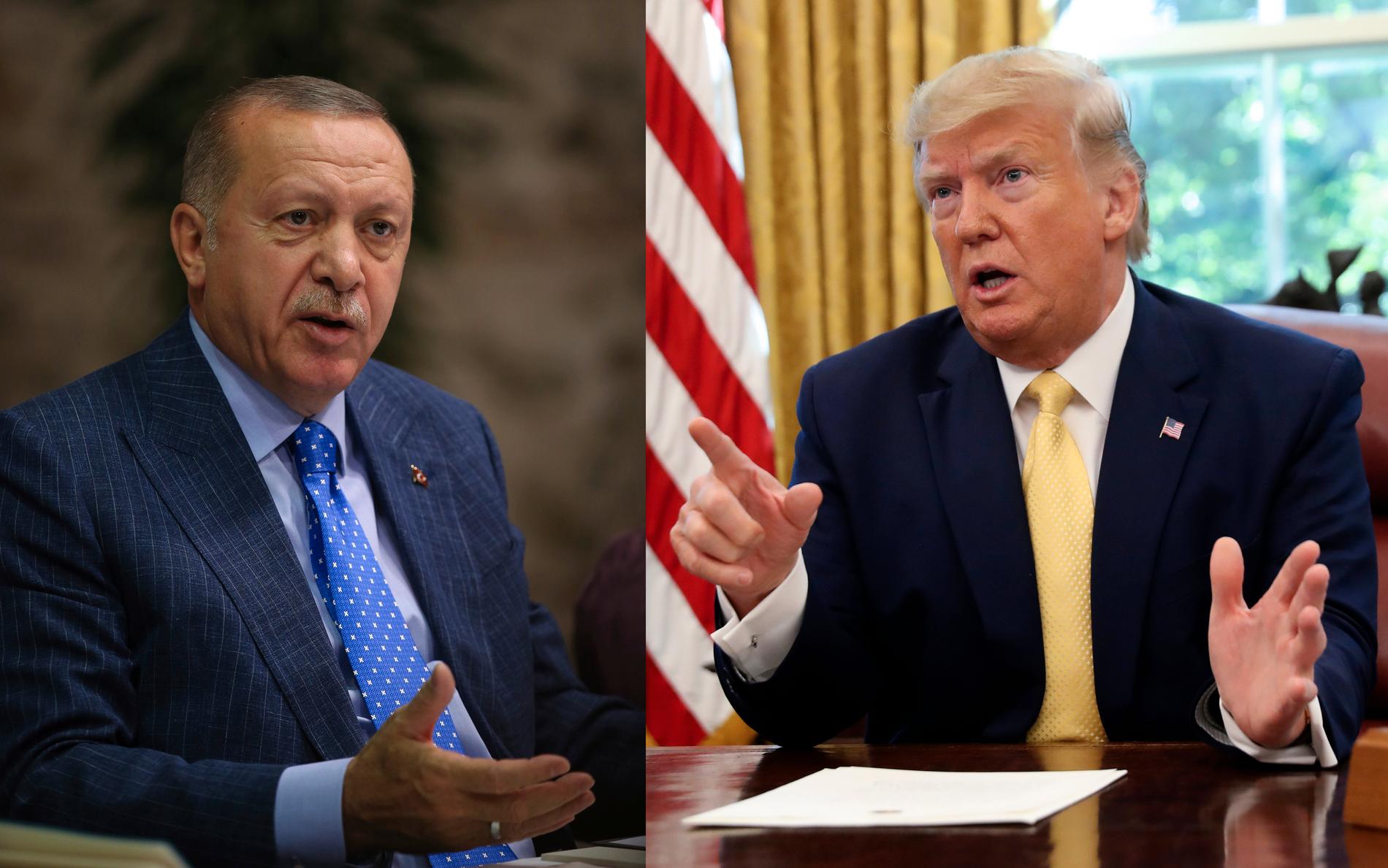 Turkiets president Erdogan och USA:s president Trump. Arkivbilder.