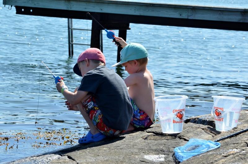 Mina pojkar Theo och Liam fiskar krabbor på Stenungsön.