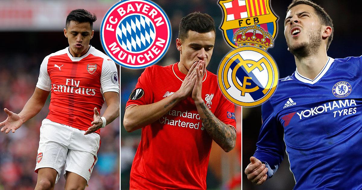 Alexis Sanchez sägs vilja till Bayern München, Philippe Coutinho (mitten) och Eden Hazard placeras i Barcelona respektive Real Madrid.