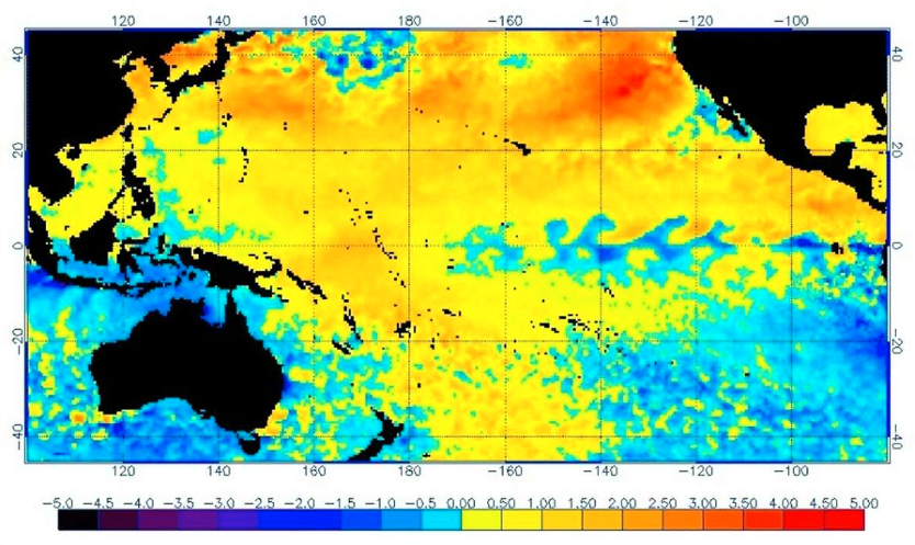 Fläcken – ”the blob”– visar temperaturförhöjningen i nordöstra Stilla havet som dödade omkring en miljon sillgrisslor.
