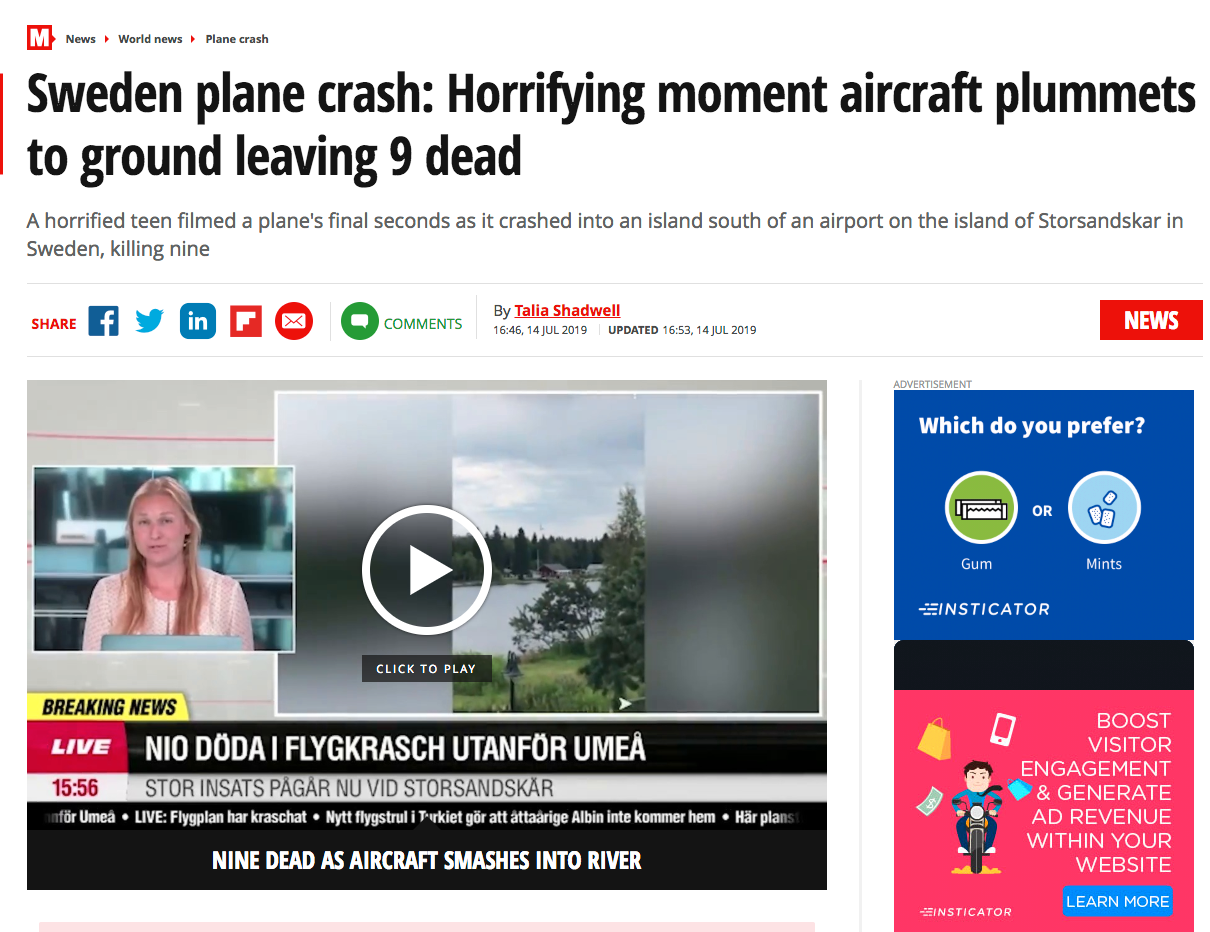 Brittiska Mirror: ”Skrämmande ögonblick när flygplan störtar mot marken och lämnar nio döda”.