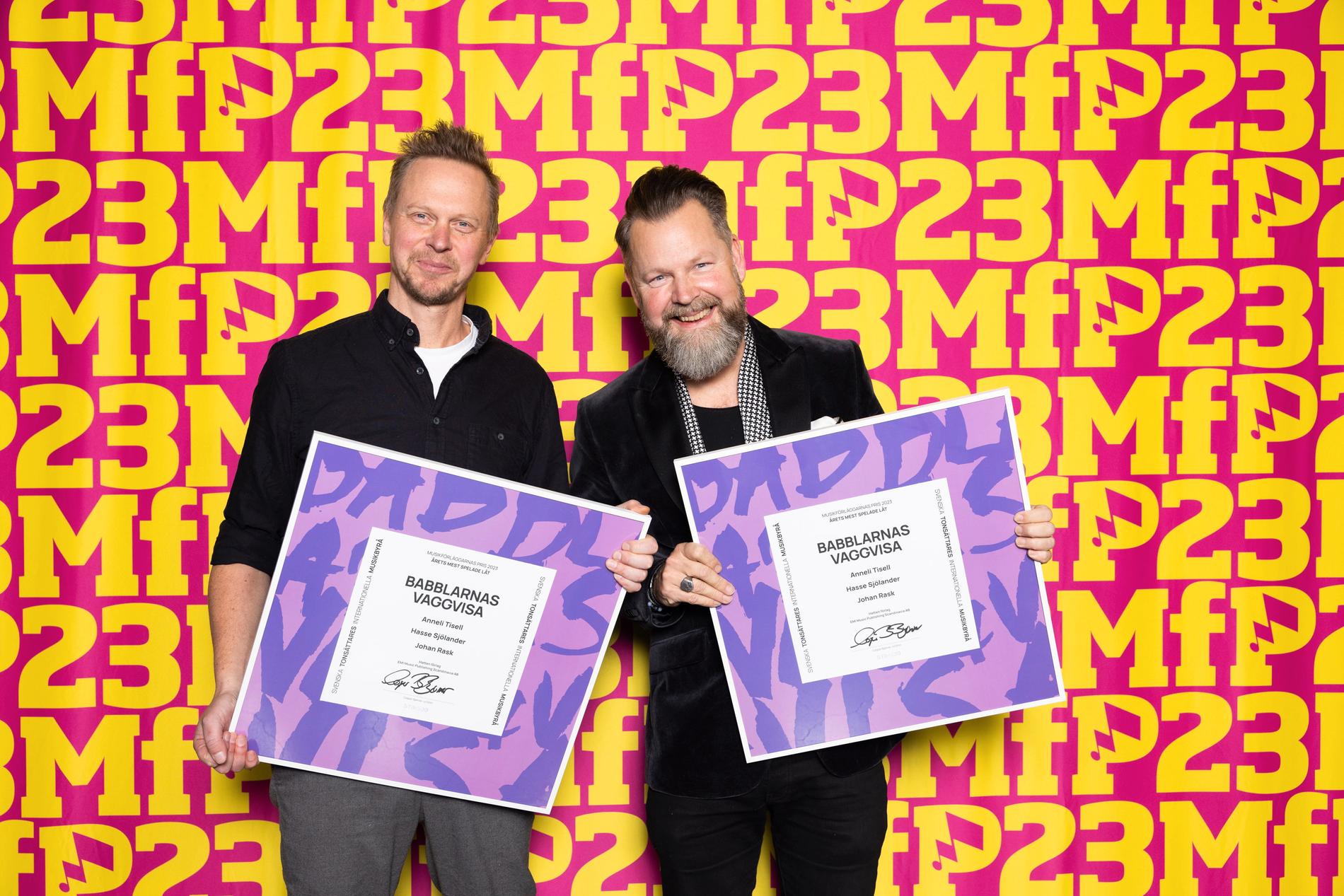 Johan Rask och Hans Sjölander tog emot diplom för årets mest spelade låt under 2022 på galan Musikförläggarnas pris. Pressbild.