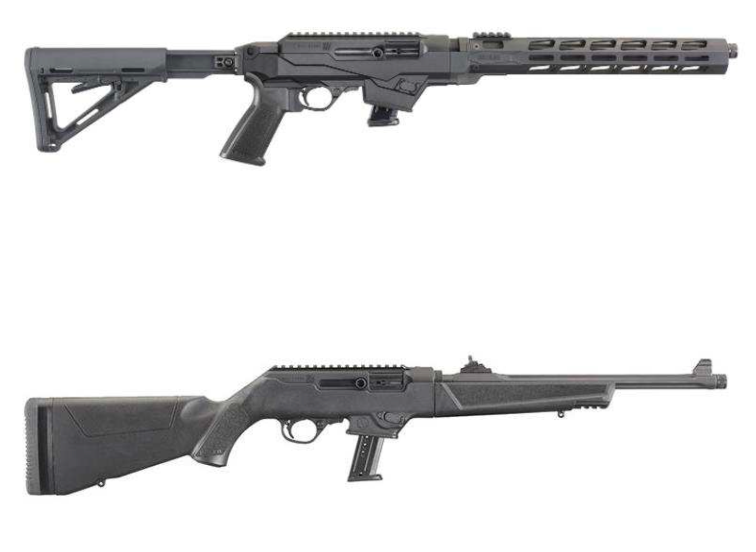 Varianter av Ruger PC Carbine, ett halvautomaiskt vapen av kalibern 9X19. Nakenskytten uppger i förhör att han hade 31 patroner i magasinet.