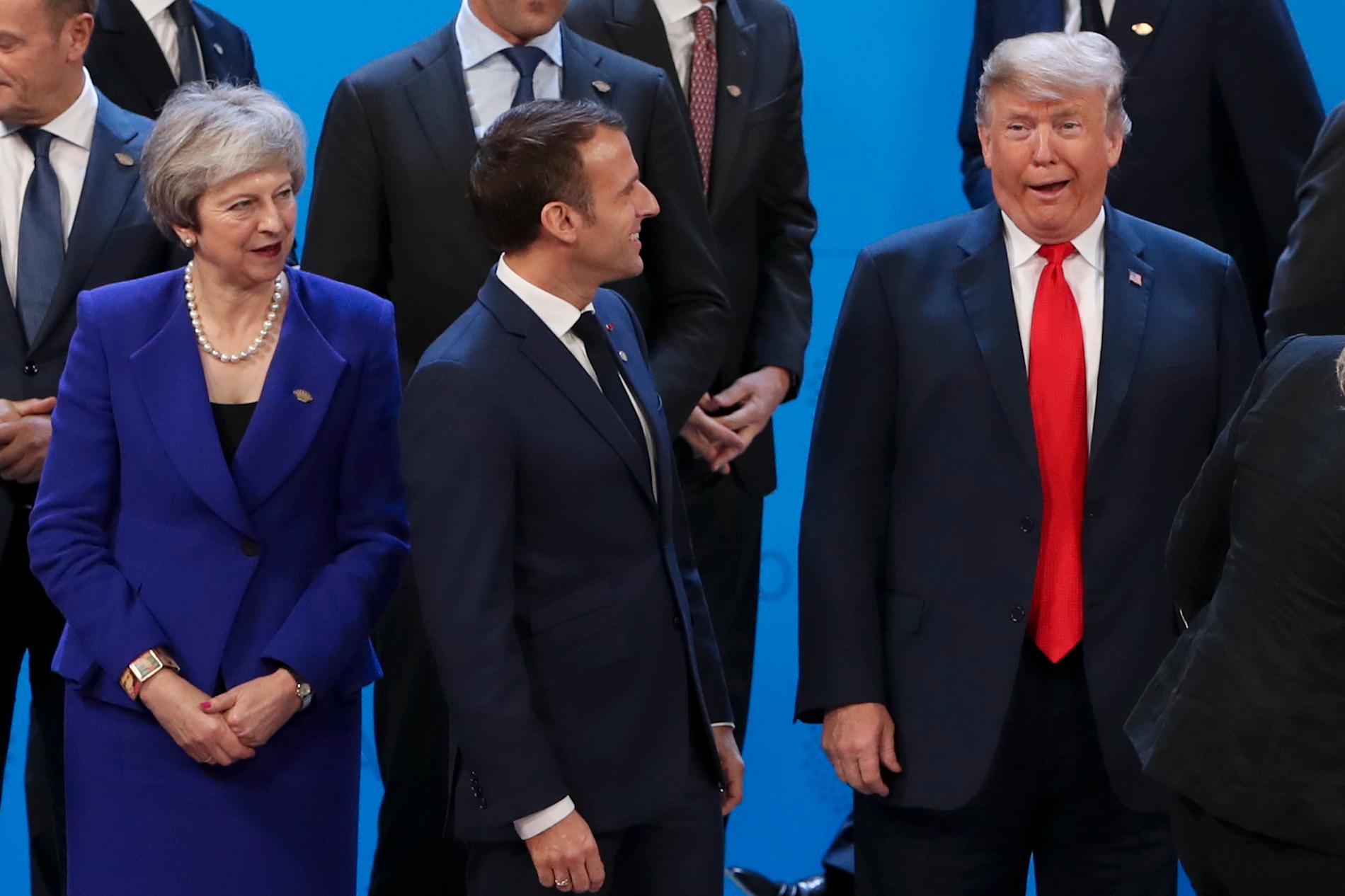 Storbritanniens premiärminister Theresa May, Frankrikes president Emmanuel Macron och USA:s president Donald Trump.