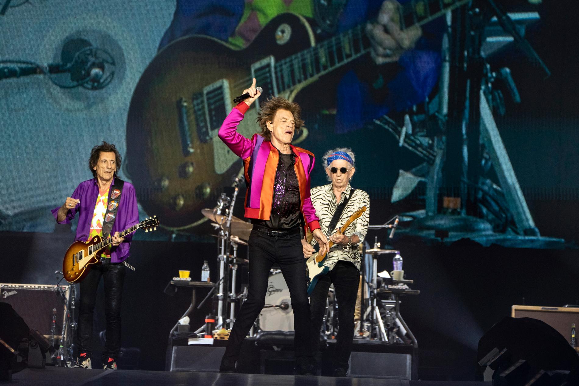 Ronnie Wood, Mick Jagger och Keith Richards på scen i Lyon förra veckan.
