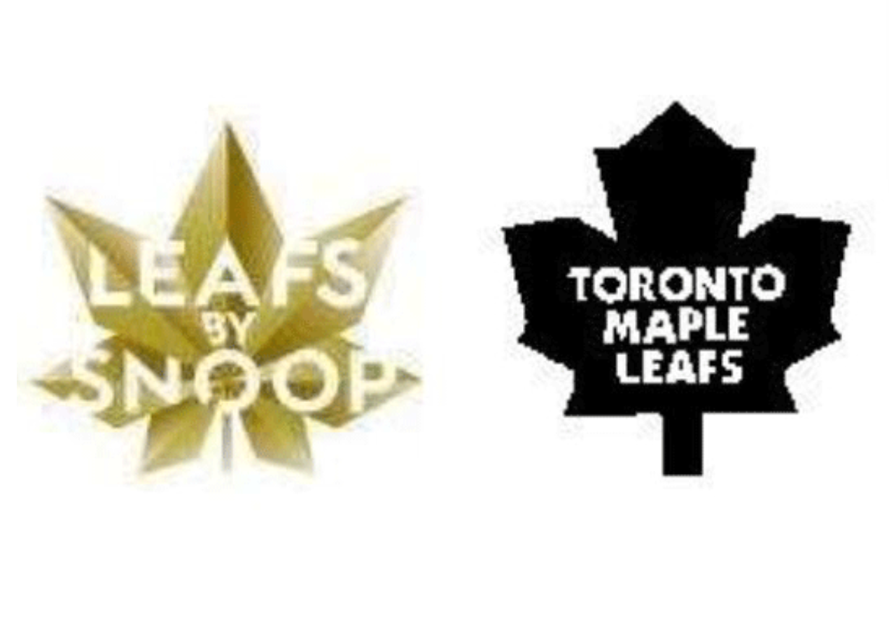 Leafs by Snoop-loggan till vänster, Toronto Maple Leafs ursprungliga klubbemblem till höger.
