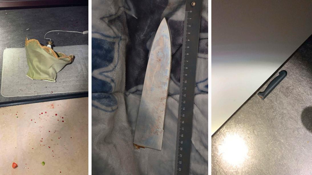 Polisen hittade ett knivblad, tillhörande skaft och en  trasig bordslampa i en blodig bostad i oktober. 