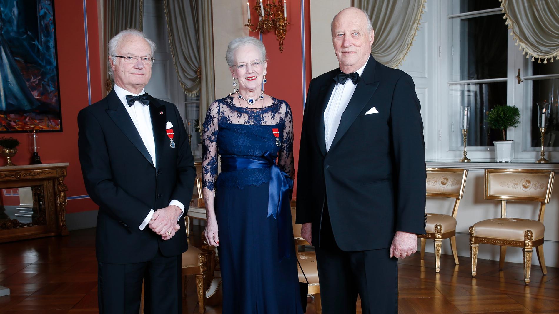 Nordens tre regenter kung Carl Gustaf, drottning Margrethe och kung Harald. Arkivbild.