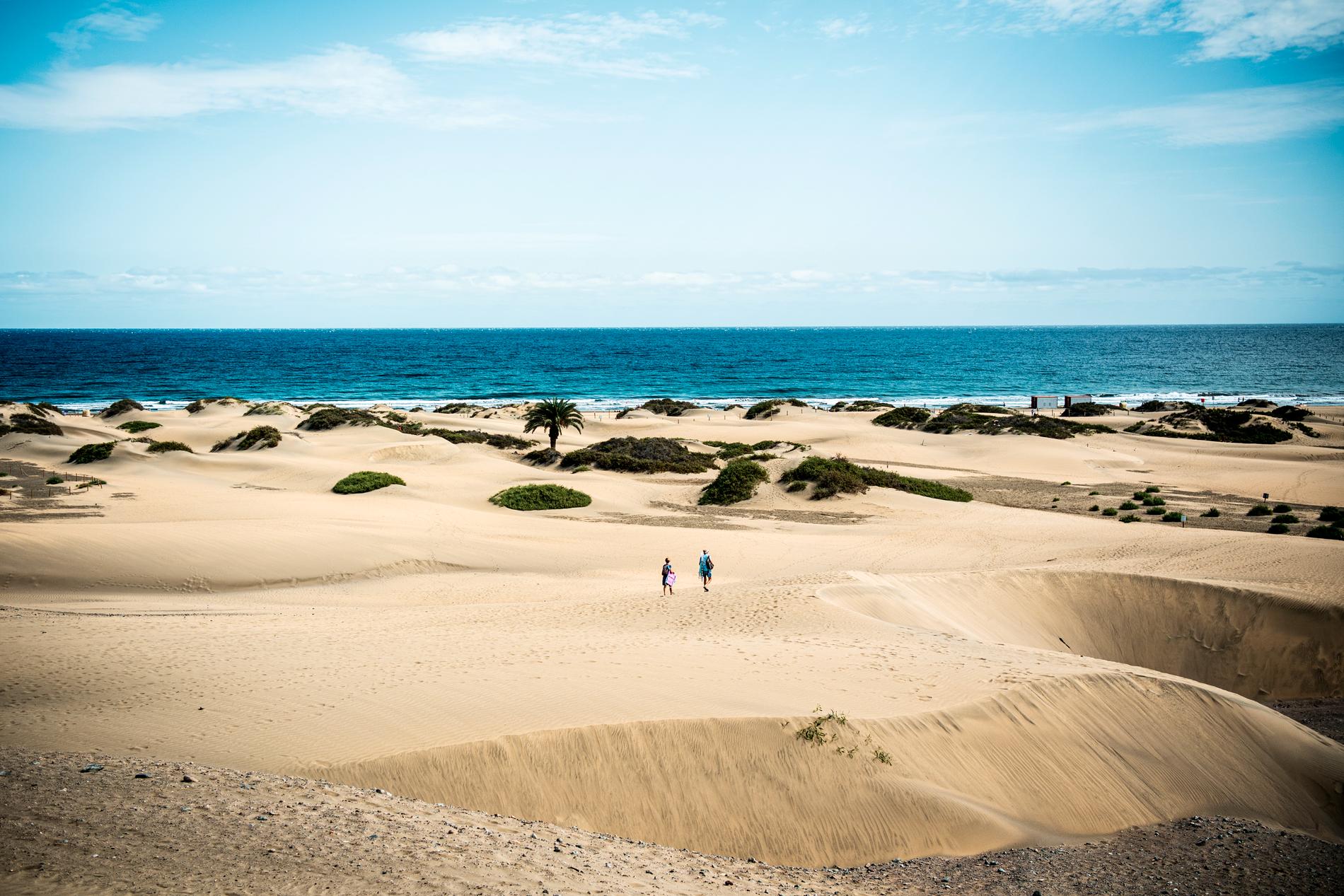 Sanddynerna vid Playa del Inglés ligger öde, så när som på ett ensamt par.