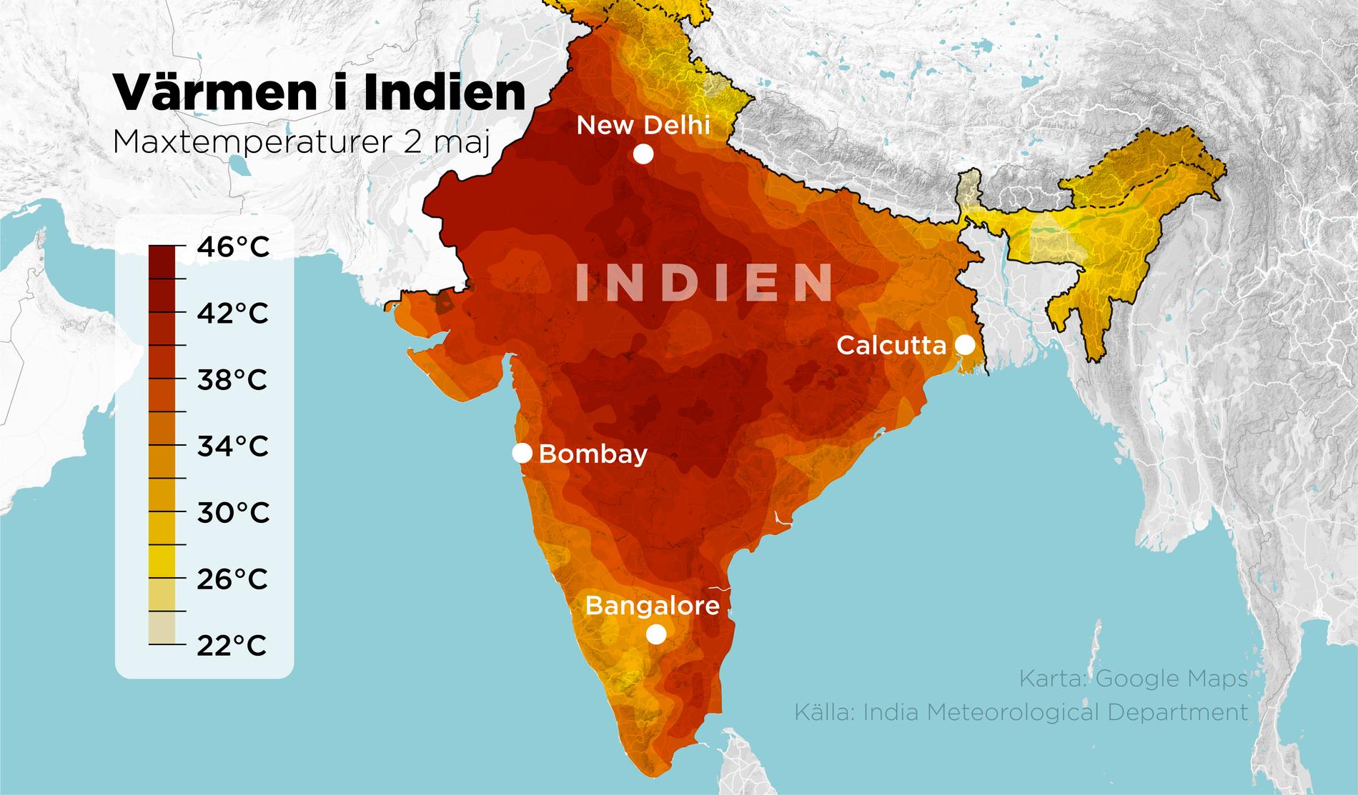 Maxtemperaturer i Indien den 2 maj.