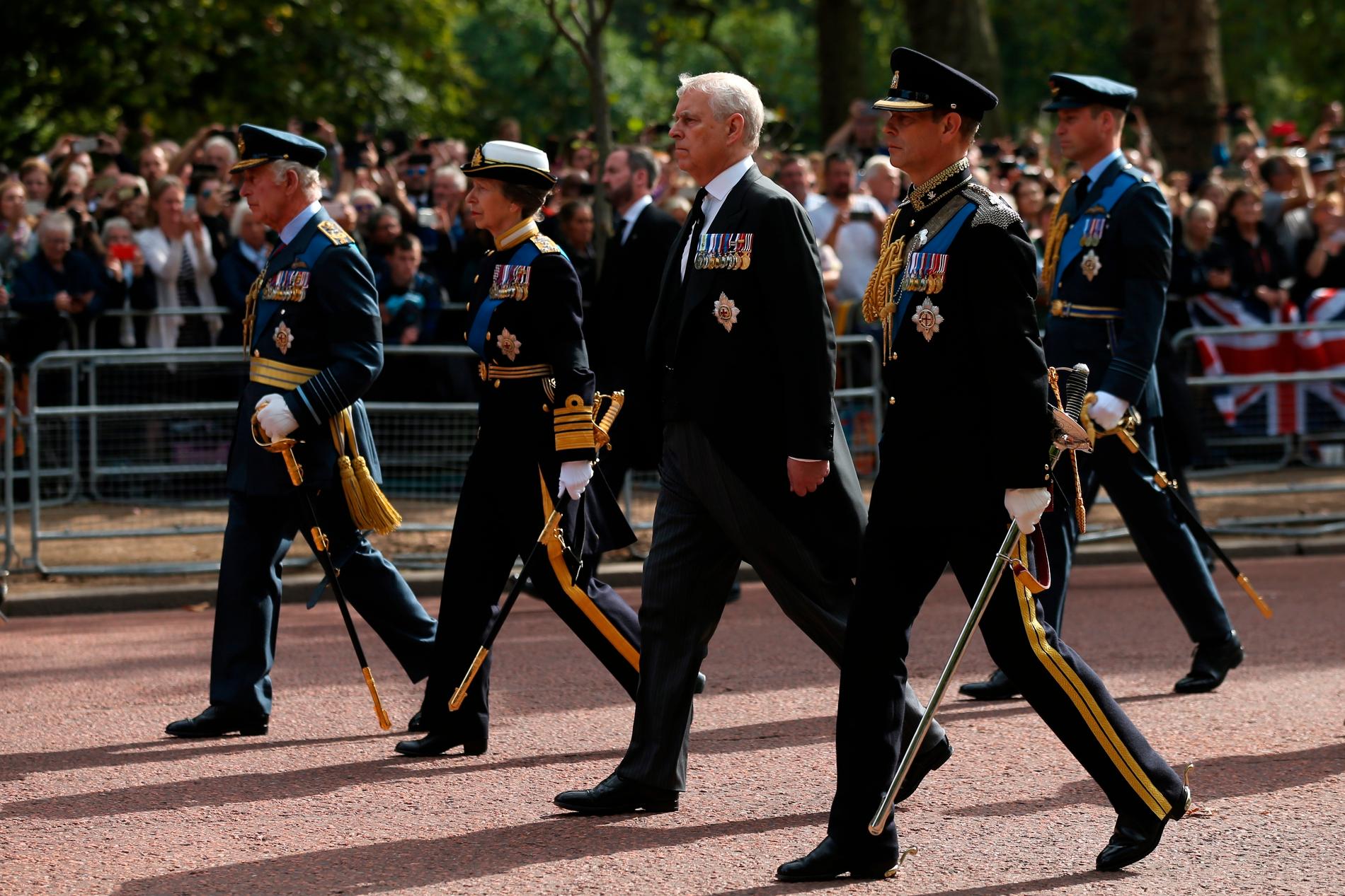  Delar av kungafamiljen, med kung Charles III längst fram, under begravningen.