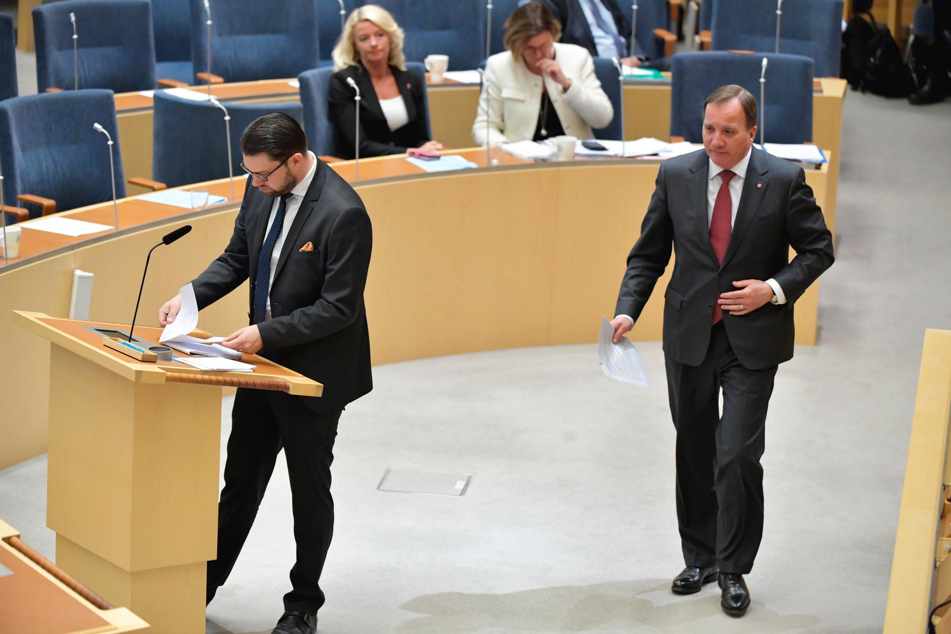 Sverigedemokraternas partiledare Jimmie Åkesson och statsminister Stefan Löfvens respektive partier kan vara lika stora. Arkivbild.