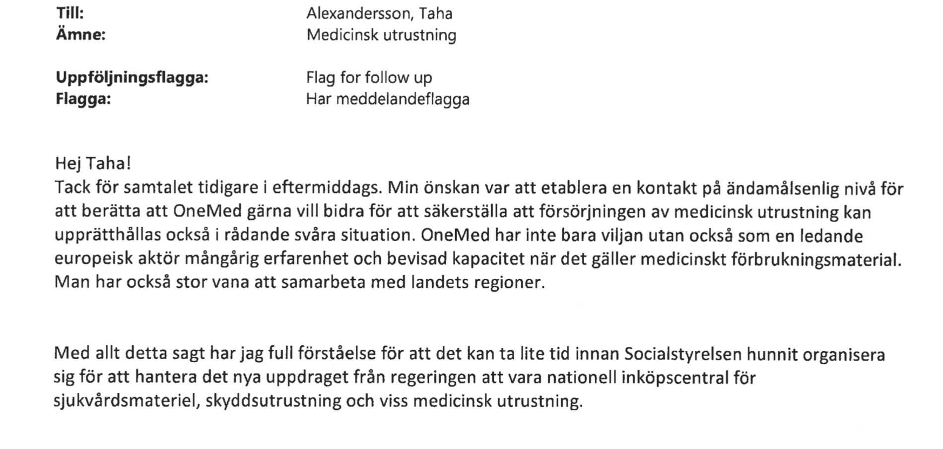 Göran Hägglunds mejl till Socialstyrelsen. 