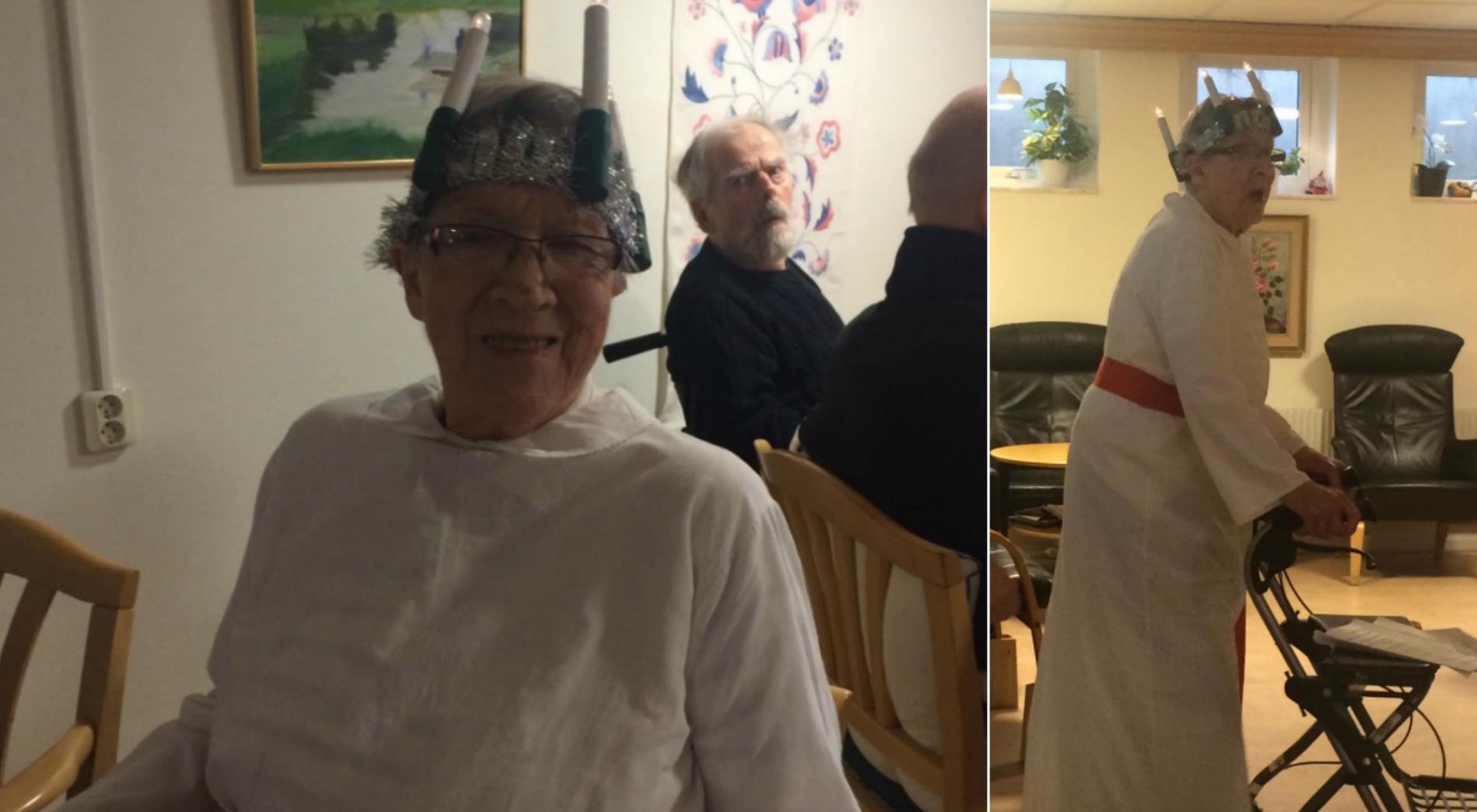 På torsdagsmorgonen fick Ingegärd, 97, äntligen testa på livet som Lucia.