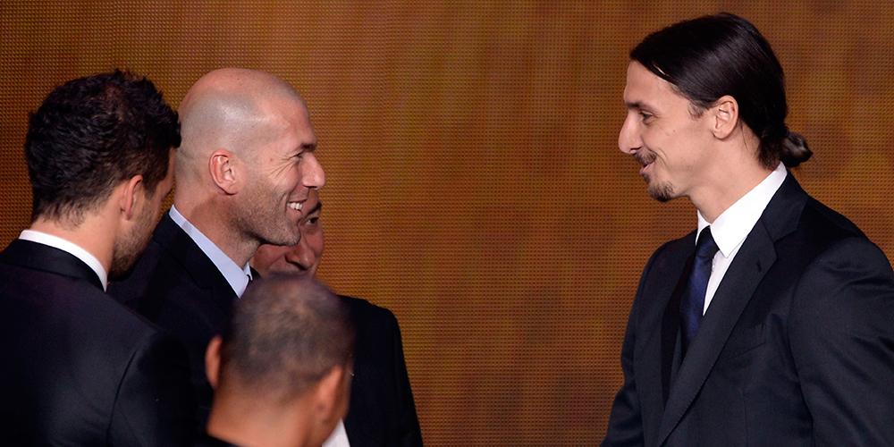 Zinedine Zidane och Zlatan hälsar på varandra vid Ballon d'Or-galan 2014.