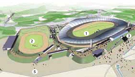 Så här ser den tilltänkta arenan ut. 1. Huvudarena för speedway, hundkapplöpning, hästhoppning och konstgräsplan för fotboll och amerikansk fotboll. 2. Bana för ungdomsspeedway. 3. Huvudentré.