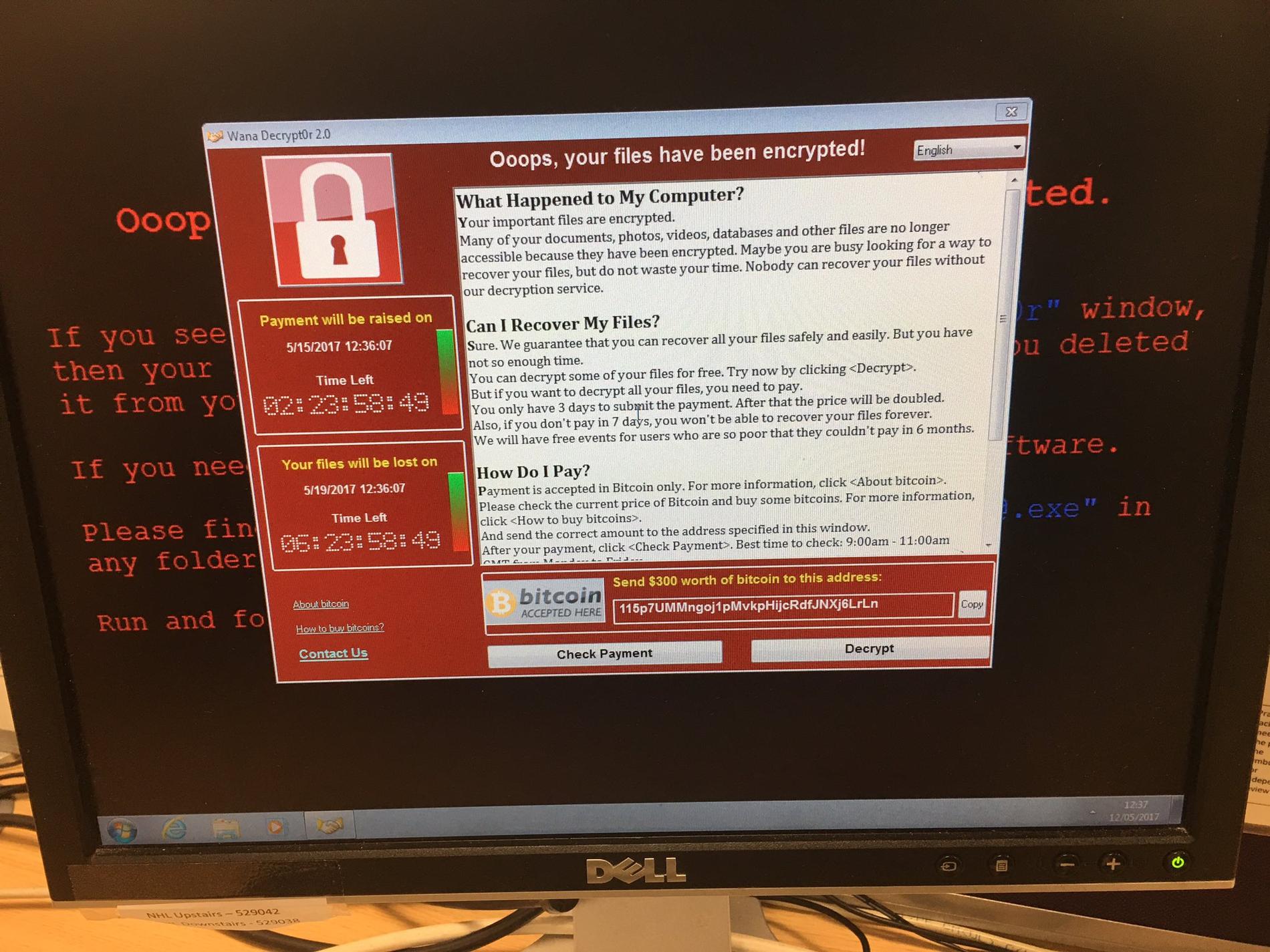 De drabbade datorerna infekterades av utpressningsviruset Wannacry. 