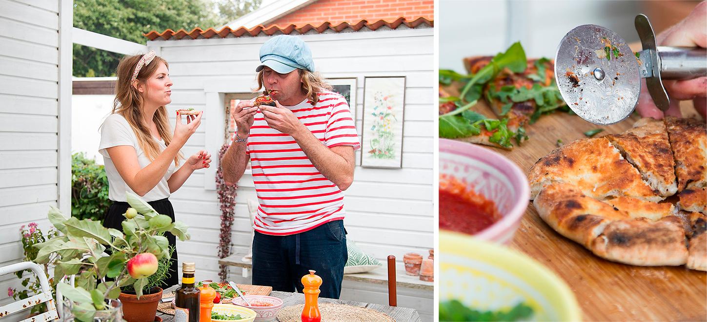 Cornelia och Mikael avnjuter trädgårdslagad pizza. Barnens favorit är den ”vita pizzan” med bara olivolja och flingsalt.