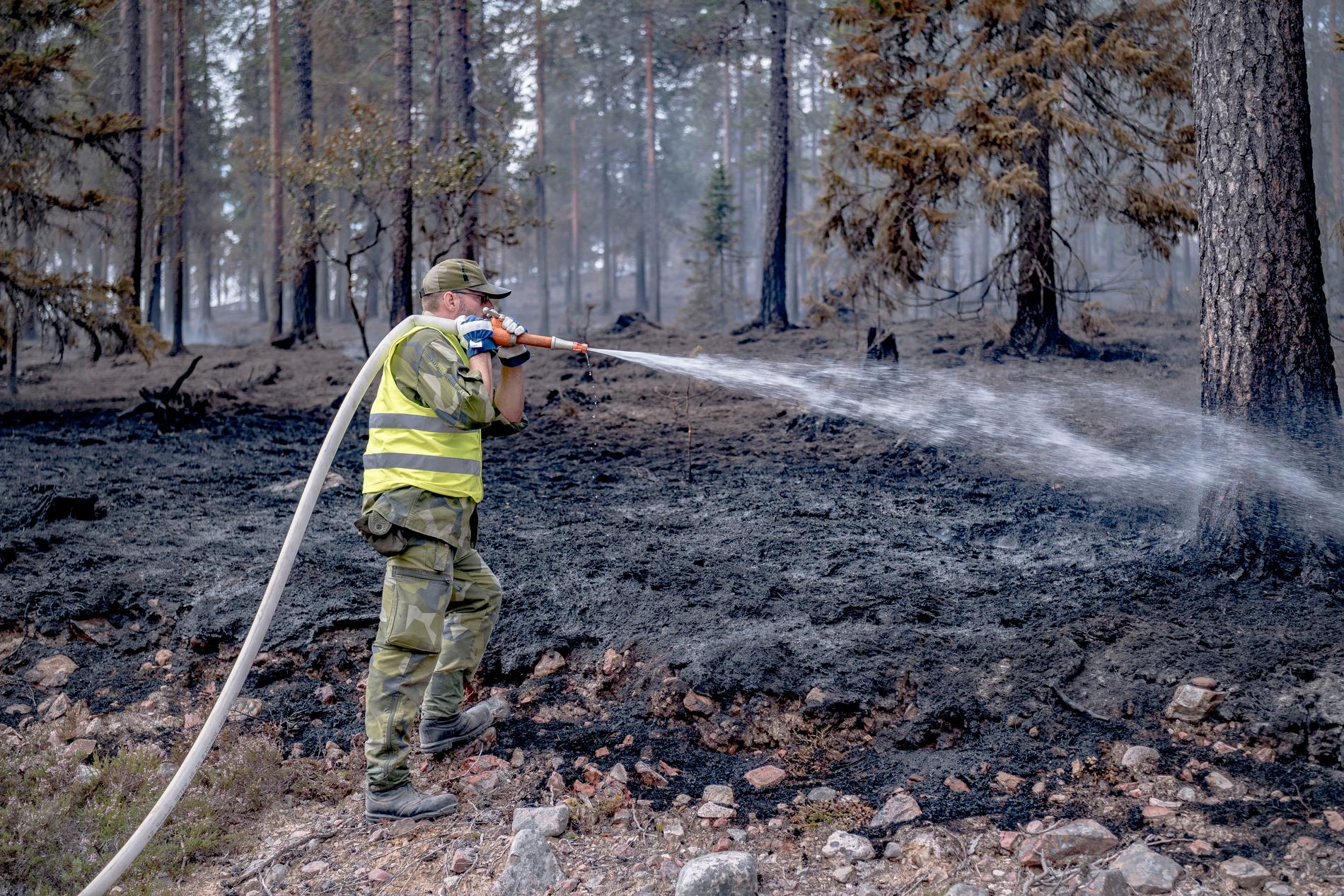 Släckningsarbete vid branden på skjutfältet i Trängslet. 