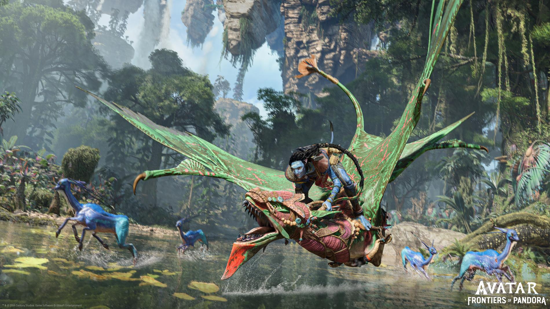 Flyga, rida eller till fots. Det finns flera alternativ att ta sig fram i Pandoras grönskande värld i Massives "Avatar: Frontiers of Pandora". Pressbild.