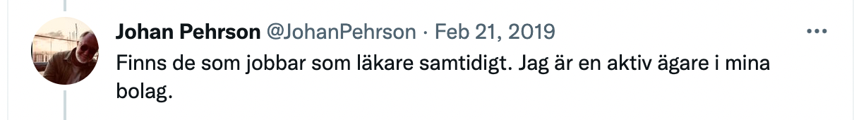Johan Pehrsons tweet från 2019.
