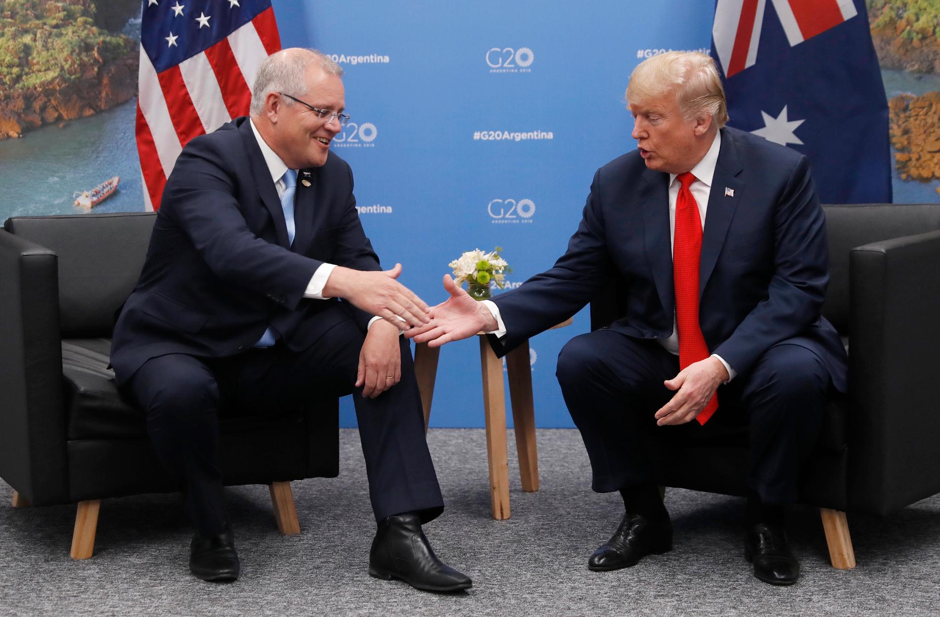 Australiens premiärminister Scott Morrison, till vänster, under ett möte med USA:s president Donald Trump under G20-mötet i Argentina i maj i år.