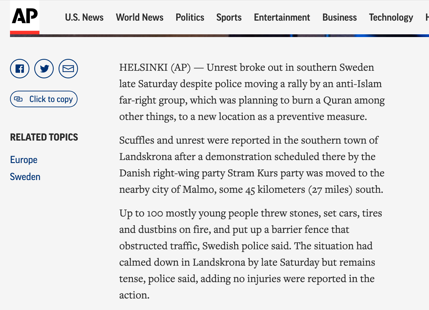 Världens största nyhetsbyrå AP rapporterar också om de svenska upploppen. 