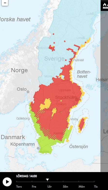 MSB:s visualisering av gräsbrandsrisk under påskhelgen visar stor risk för södra och mellersta Sverige. 