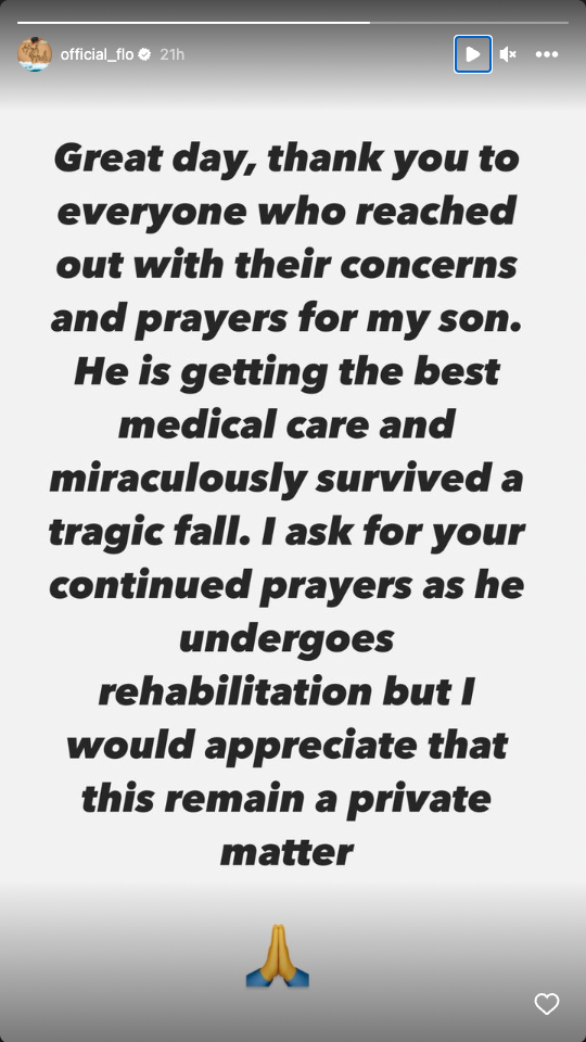 Flo Rida tackar följarna för stödet efter sonens fallolycka. 